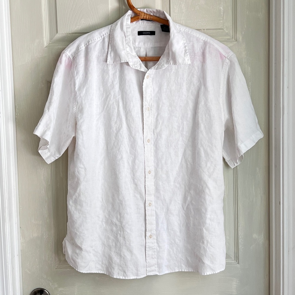 Cezani Button Down Shirt XL Mens 100% Washable Linen Short Sleeve White Coastal